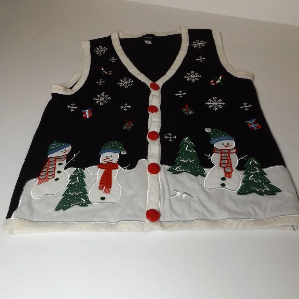 Holiday Editions Snowman Christmas Sweater Vest Black White Red Medium